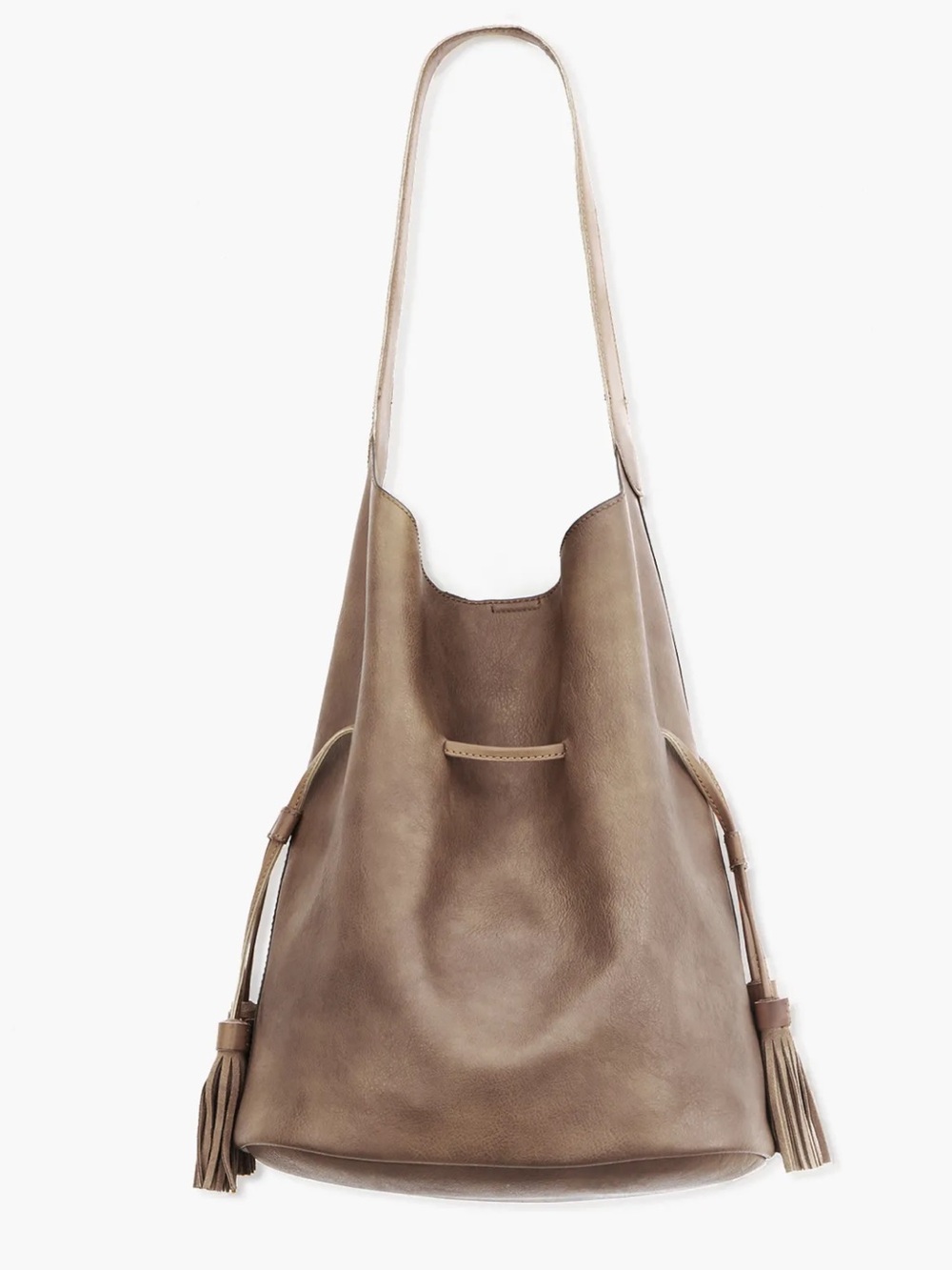Lucky Brand Vegan Leather Bucket Bag Mushroom Brown Grey Tassels w Wristlet